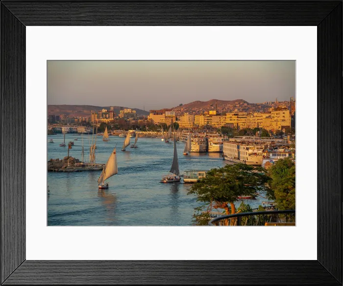 Framed Print : View of fellucas on the Nile river from Feryal Garden during golden hour, Aswan, Nubia, Egypt, North Africa, Africa