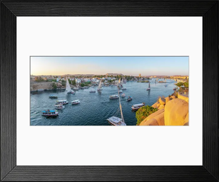 Framed Print : View of fellucas on the Nile river from Feryal Garden during golden hour, Aswan, Nubia, Egypt, North Africa, Africa Framed Print : View of fellucas on the Nile river from Feryal Garden during golden hour, Aswan, Nubia, Egypt, North Africa, Africa