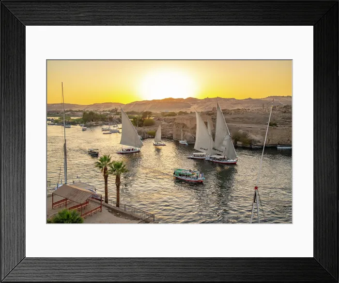 Framed Print : View of fellucas on the Nile river from Feryal Garden during golden hour, Aswan, Nubia, Egypt, North Africa, Africa Framed Print : View of fellucas on the Nile river from Feryal Garden during golden hour, Aswan, Nubia, Egypt, North Africa, Africa