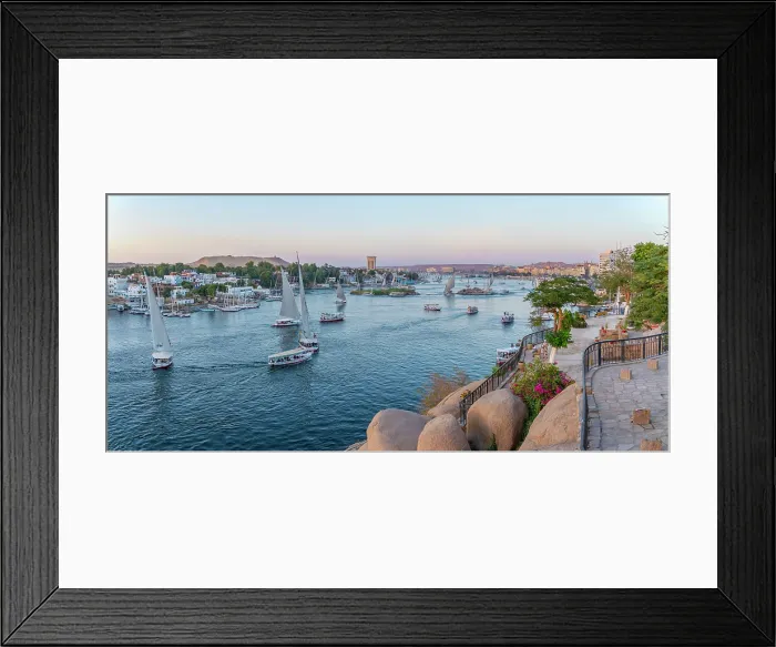 Framed Print : View of fellucas on the Nile river from Feryal Garden at dusk, Aswan, Nubia, Egypt, North Africa, Africa Framed Print : View of fellucas on the Nile river from Feryal Garden at dusk, Aswan, Nubia, Egypt, North Africa, Africa