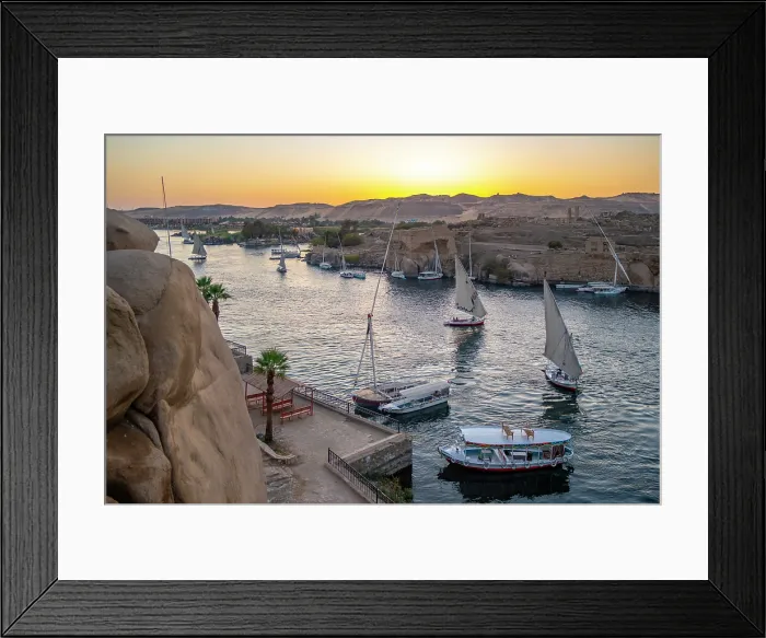Framed Print : View of fellucas on the Nile river from Feryal Garden at dusk, Aswan, Nubia, Egypt, North Africa, Africa Framed Print : View of fellucas on the Nile river from Feryal Garden at dusk, Aswan, Nubia, Egypt, North Africa, Africa