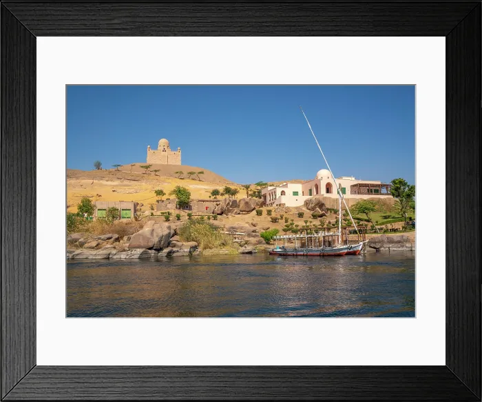 Framed Print : View of the Nile river and Aga Khan Mausoleum from small boat in Aswan, Aswan, Nubia, Egypt, North Africa, Africa Framed Print : View of the Nile river and Aga Khan Mausoleum from small boat in Aswan, Aswan, Nubia, Egypt, North Africa, Africa