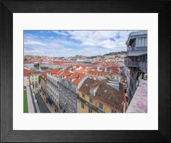Framed Print : View of city skyline and Santa Justa Lift from Carmo Archaeological Museum on a sunny day, Lisbon, Portugal, Europe Framed Print : View of city skyline and Santa Justa Lift from Carmo Archaeological Museum on a sunny day, Lisbon, Portugal, Europe