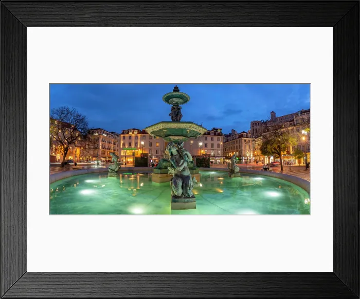 Framed Print : View of South fountain of Rossio in Praca do Rossio at dusk, Lisbon, Portugal, Europe Framed Print : View of South fountain of Rossio in Praca do Rossio at dusk, Lisbon, Portugal, Europe