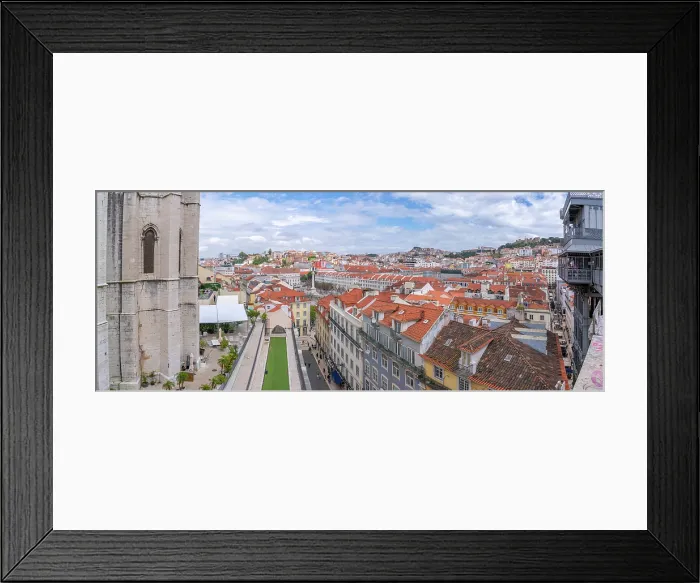 Framed Print : View of city skyline and Santa Justa Lift from Carmo Archaeological Museum on a sunny day, Lisbon, Portugal, Europe Framed Print : View of city skyline and Santa Justa Lift from Carmo Archaeological Museum on a sunny day, Lisbon, Portugal, Europe