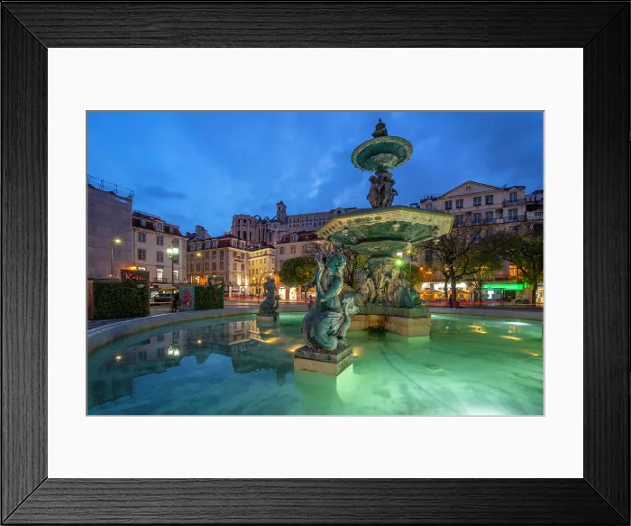 Framed Print : View of South fountain of Rossio in Praca do Rossio at dusk, Lisbon, Portugal, Europe Framed Print : View of South fountain of Rossio in Praca do Rossio at dusk, Lisbon, Portugal, Europe