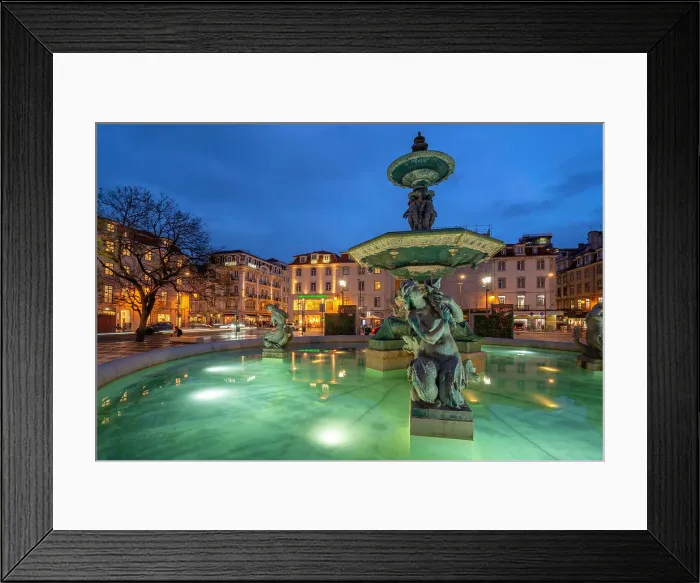 Framed Print : View of South fountain of Rossio in Praca do Rossio at dusk, Lisbon, Portugal, Europe Framed Print : View of South fountain of Rossio in Praca do Rossio at dusk, Lisbon, Portugal, Europe