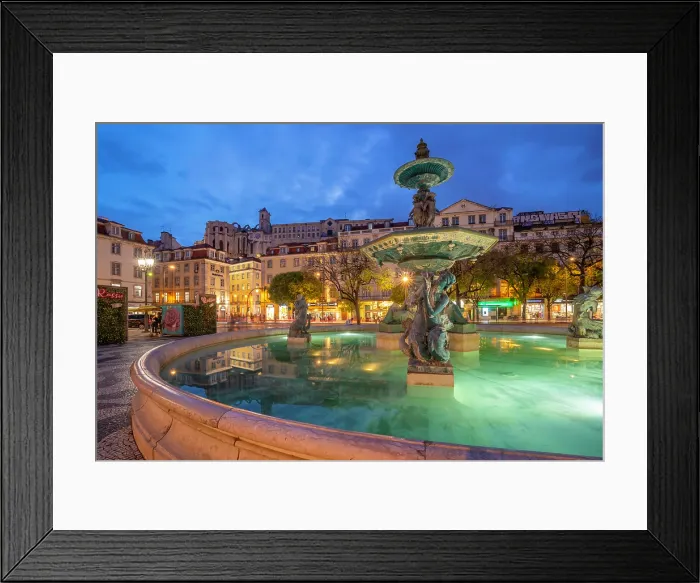 Framed Print : View of South fountain of Rossio in Praca do Rossio at dusk, Lisbon, Portugal, Europe Framed Print : View of South fountain of Rossio in Praca do Rossio at dusk, Lisbon, Portugal, Europe