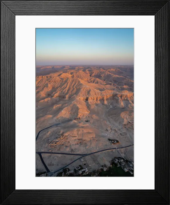 Framed Print : View of Valley of the Kings from hot air balloon over Luxor at sunrise, Luxor, Egypt, Africa
