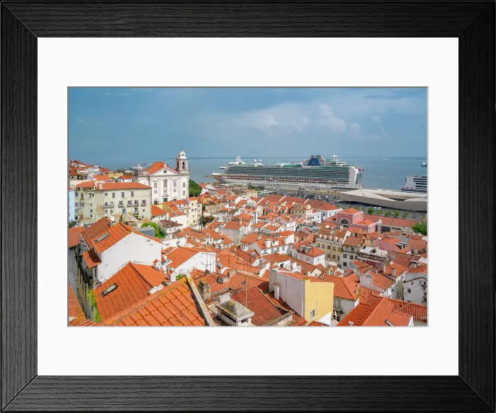 Framed Print : View of cruise ship in port and terrakotta rooftops in Alfama, Alfama District, Lisbon, Portugal, Europe Framed Print : View of cruise ship in port and terrakotta rooftops in Alfama, Alfama District, Lisbon, Portugal, Europe