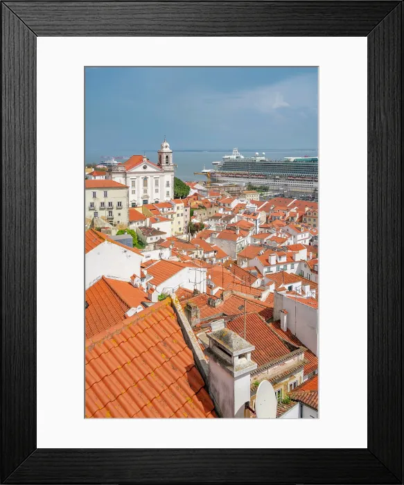 Framed Print : View of cruise ship in port and terrakotta rooftops in Alfama, Alfama District, Lisbon, Portugal, Europe Framed Print : View of cruise ship in port and terrakotta rooftops in Alfama, Alfama District, Lisbon, Portugal, Europe