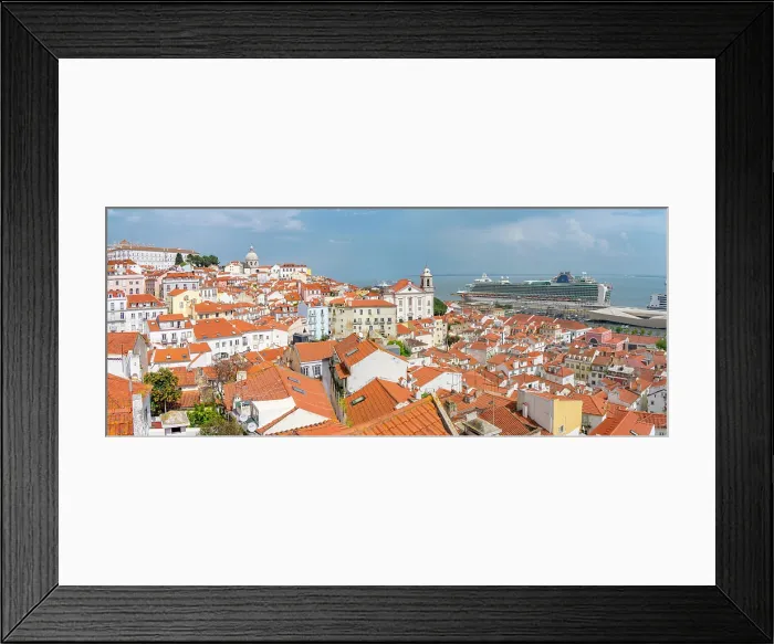 Framed Print : View of cruise ship in port and terrakotta rooftops in Alfama, Alfama District, Lisbon, Portugal, Europe Framed Print : View of cruise ship in port and terrakotta rooftops in Alfama, Alfama District, Lisbon, Portugal, Europe