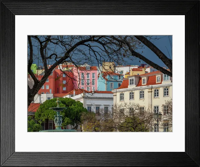 Framed Print : View of colourful houses from Praca do Rossio and Carmo Archaeological Museum, Lisbon, Portugal, Europe Framed Print : View of colourful houses from Praca do Rossio and Carmo Archaeological Museum, Lisbon, Portugal, Europe