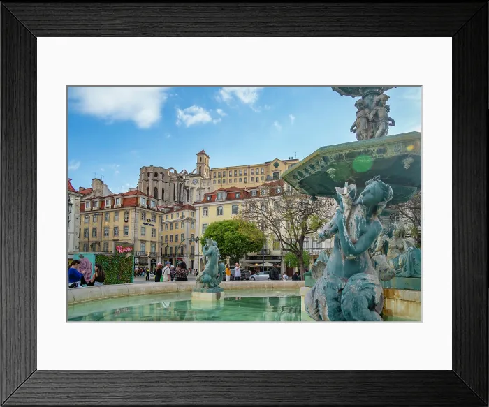 Framed Print : View of South Fountain in Praca do Rossio and Carmo Archaeological Museum, Lisbon, Portugal, Europe Framed Print : View of South Fountain in Praca do Rossio and Carmo Archaeological Museum, Lisbon, Portugal, Europe