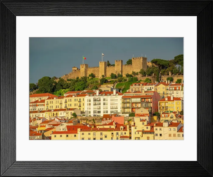 Framed Print : View of Lisbon Castle from Santa Justa Lift during golden hour, Lisbon, Portugal, Europe Framed Print : View of Lisbon Castle from Santa Justa Lift during golden hour, Lisbon, Portugal, Europe
