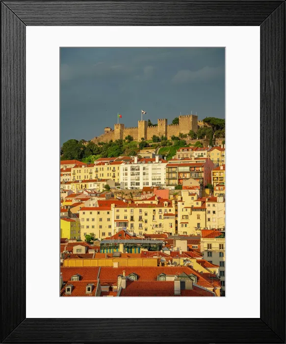 Framed Print : View of Lisbon Castle from Santa Justa Lift during golden hour, Lisbon, Portugal, Europe