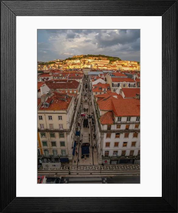 Framed Print : View of city rooftops and Lisbon Castle from Santa Justa Lift during golden hour, Lisbon, Portugal, Europe Framed Print : View of city rooftops and Lisbon Castle from Santa Justa Lift during golden hour, Lisbon, Portugal, Europe