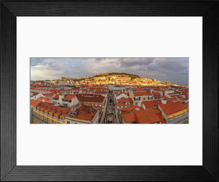 Framed Print : View of city rooftops and Lisbon Castle from Santa Justa Lift during golden hour, Lisbon, Portugal, Europe Framed Print : View of city rooftops and Lisbon Castle from Santa Justa Lift during golden hour, Lisbon, Portugal, Europe
