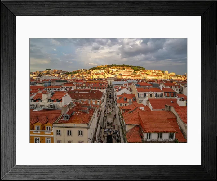Framed Print : View of city rooftops and Lisbon Castle from Santa Justa Lift during golden hour, Lisbon, Portugal, Europe