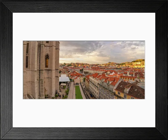 Framed Print : View of city rooftops and Carmo Archaeological Museum from Santa Justa Lift during golden hour, Lisbon, Portugal, Europe Framed Print : View of city rooftops and Carmo Archaeological Museum from Santa Justa Lift during golden hour, Lisbon, Portugal, Europe