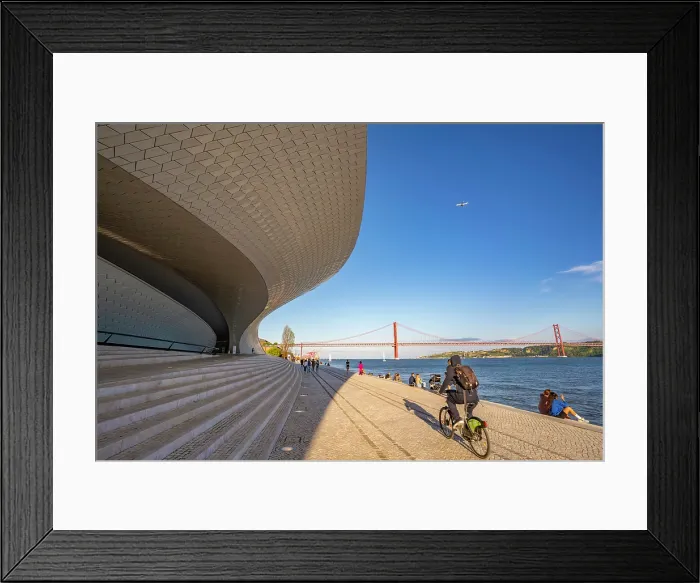 Framed Print : View of MAAT - Museum of Art, Architecture and Technology and 25 April Bridge on a sunny day, Lisbon, Portugal, Europe Framed Print : View of MAAT - Museum of Art, Architecture and Technology and 25 April Bridge on a sunny day, Lisbon, Portugal, Europe
