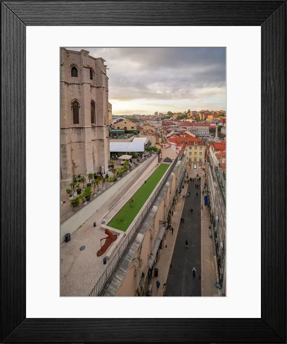 Framed Print : View of city rooftops and Carmo Archaeological Museum from Santa Justa Lift during golden hour, Lisbon, Portugal, Europe Framed Print : View of city rooftops and Carmo Archaeological Museum from Santa Justa Lift during golden hour, Lisbon, Portugal, Europe