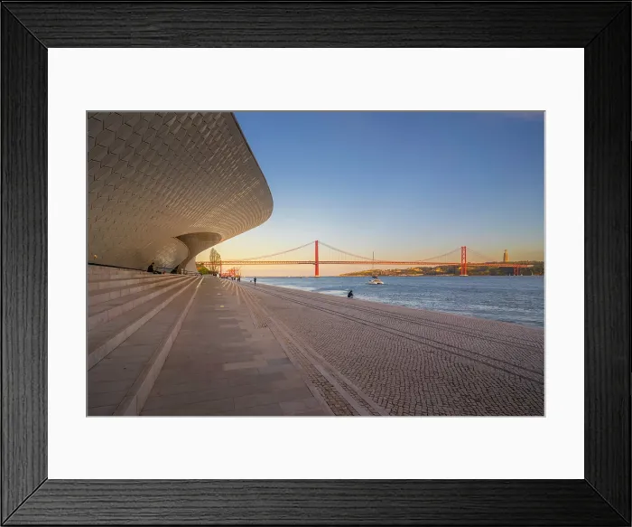 Framed Print : View of MAAT - Museum of Art, Architecture and Technology and 25 April Bridge at sunset Lisbon, Portugal, Europe Framed Print : View of MAAT - Museum of Art, Architecture and Technology and 25 April Bridge at sunset Lisbon, Portugal, Europe