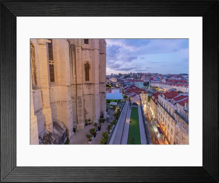 Framed Print : View of city rooftops and Carmo Archaeological Museum from Santa Justa Lift at sunset, Lisbon, Portugal, Europe Framed Print : View of city rooftops and Carmo Archaeological Museum from Santa Justa Lift at sunset, Lisbon, Portugal, Europe