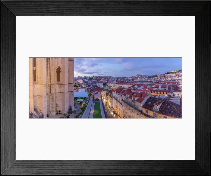 Framed Print : View of city rooftops and Carmo Archaeological Museum from Santa Justa Lift at sunset, Lisbon, Portugal, Europe