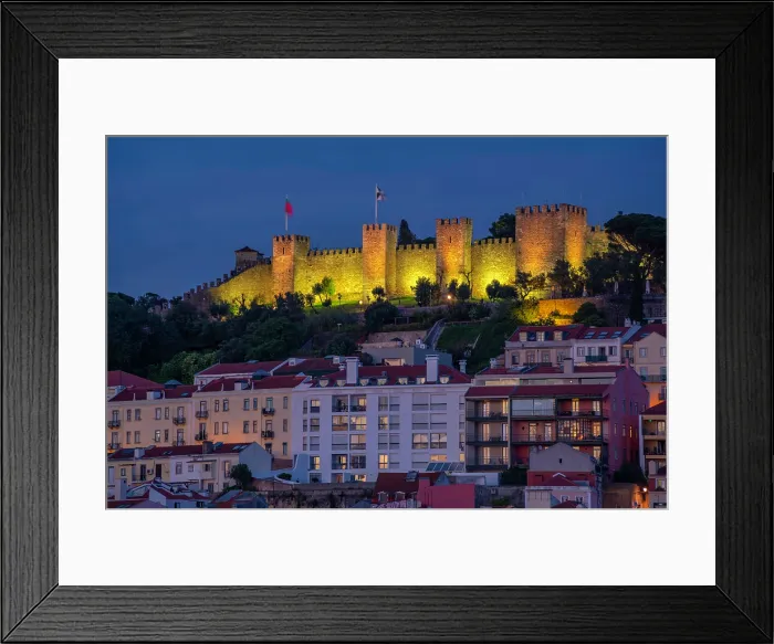 Framed Print : View of Lisbon Castle and from Carmo Archaeological Museum during golden hour, Lisbon, Portugal, Europe