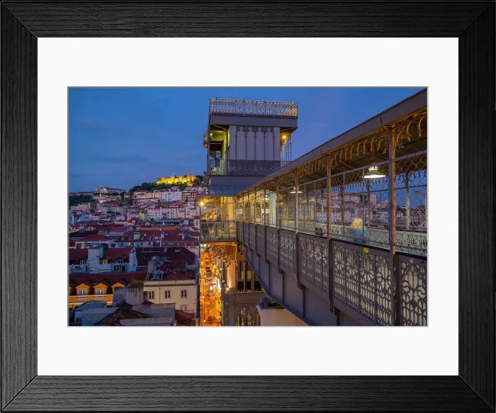 Framed Print : View of Lisbon Castle and Santa Justa Lift from Carmo Archaeological Museum during golden hour, Lisbon, Portugal, Europe Framed Print : View of Lisbon Castle and Santa Justa Lift from Carmo Archaeological Museum during golden hour, Lisbon, Portugal, Europe