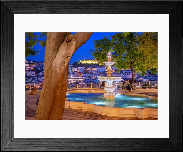 Framed Print : View of Lisbon and fountain in Miradouro de Sao Pedro de Alcantara at dusk, Lisbon, Portugal, Europe Framed Print : View of Lisbon and fountain in Miradouro de Sao Pedro de Alcantara at dusk, Lisbon, Portugal, Europe