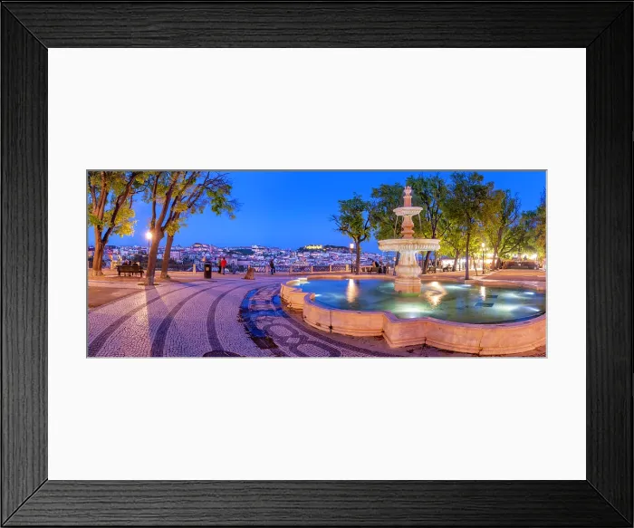 Framed Print : View of Lisbon and fountain in Miradouro de Sao Pedro de Alcantara at dusk, Lisbon, Portugal, Europe Framed Print : View of Lisbon and fountain in Miradouro de Sao Pedro de Alcantara at dusk, Lisbon, Portugal, Europe