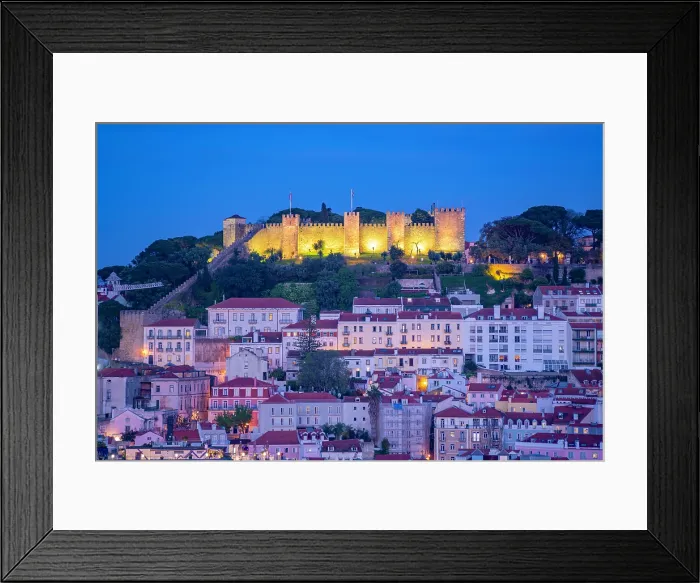 Framed Print : View of Lisbon Castle from Miradouro de Sao Pedro de Alcantara at dusk, Lisbon, Portugal, Europe Framed Print : View of Lisbon Castle from Miradouro de Sao Pedro de Alcantara at dusk, Lisbon, Portugal, Europe