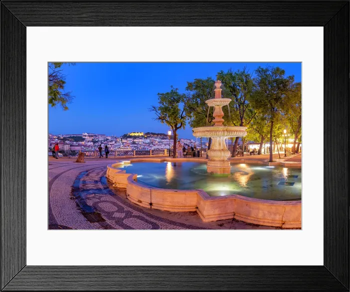 Framed Print : View of Lisbon and fountain in Miradouro de Sao Pedro de Alcantara at dusk, Lisbon, Portugal, Europe Framed Print : View of Lisbon and fountain in Miradouro de Sao Pedro de Alcantara at dusk, Lisbon, Portugal, Europe