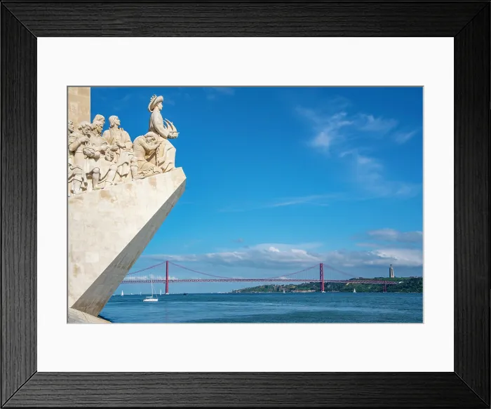 Framed Print : View of Monument to the Discoveries (Padrao dos Descobrimentos) and 25 April Bridge on a sunny day, Lisbon, Portugal, Europe Framed Print : View of Monument to the Discoveries (Padrao dos Descobrimentos) and 25 April Bridge on a sunny day, Lisbon, Portugal, Europe