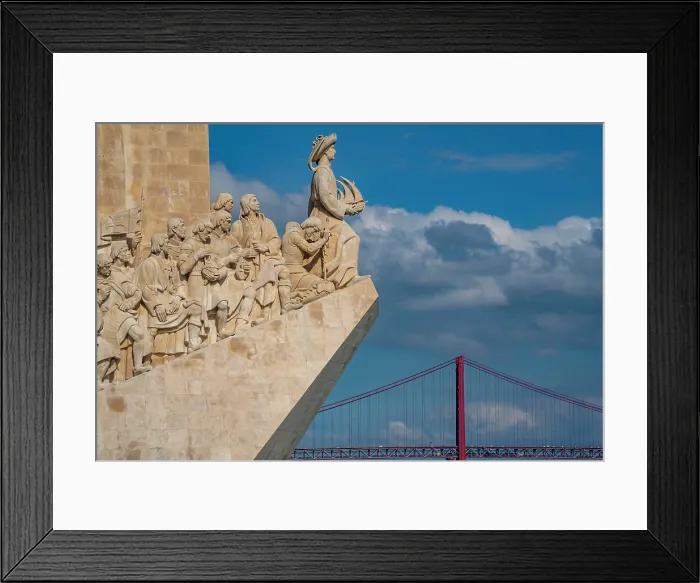 Framed Print : View of Monument to the Discoveries (Padrao dos Descobrimentos) and 25 April Bridge on a sunny day, Lisbon, Portugal, Europe