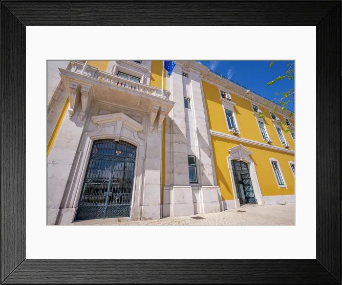 Framed Print : View of yellow and stone architecture of the Ministry of Finances on a sunny day, Lisbon, Portugal, Europe Framed Print : View of yellow and stone architecture of the Ministry of Finances on a sunny day, Lisbon, Portugal, Europe