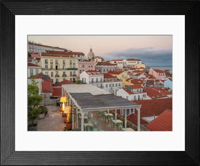 Framed Print : View of colourful buildings and red rooftops at sunset in the Alfama District, Lisbon, Portugal, Europe Framed Print : View of colourful buildings and red rooftops at sunset in the Alfama District, Lisbon, Portugal, Europe