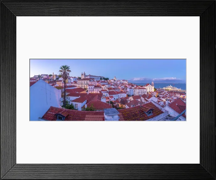 Framed Print : View of colourful buildings and red rooftops at dusk in the Alfama District, Lisbon, Portugal, Europe