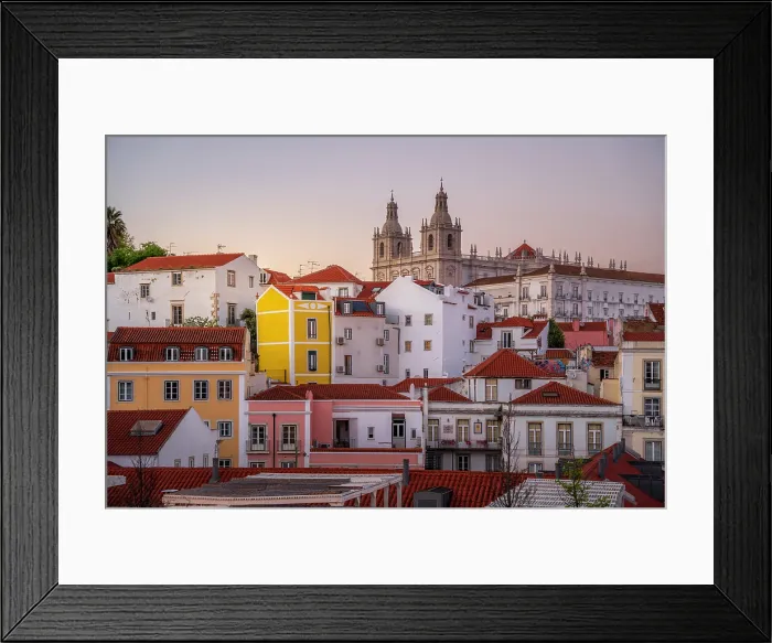 Framed Print : View of colourful buildings and red rooftops at sunset in the Alfama District, Lisbon, Portugal, Europe Framed Print : View of colourful buildings and red rooftops at sunset in the Alfama District, Lisbon, Portugal, Europe