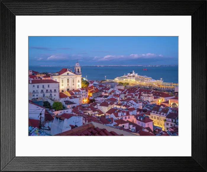 Framed Print : View of colourful buildings and red rooftops at dusk in the Alfama District, Lisbon, Portugal, Europe