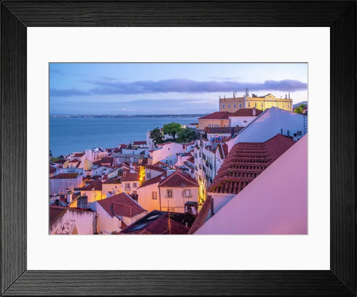 Framed Print : View of colourful buildings and red rooftops at dusk in the Alfama District, Lisbon, Portugal, Europe