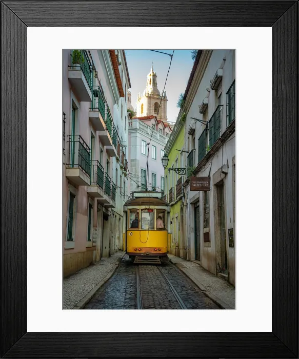 Framed Print : View of vintage tram and colourful buildings in the Alfama District on a sunny day, Lisbon, Portugal, Europe