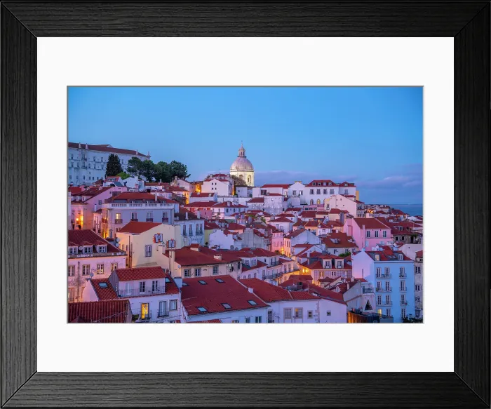 Framed Print : View of colourful buildings and red rooftops at dusk in the Alfama District, Lisbon, Portugal, Europe