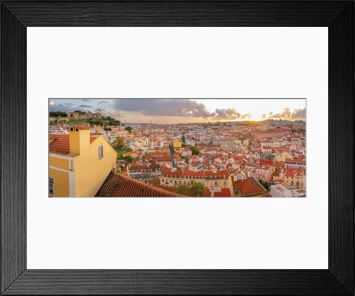 Framed Print : Panoramic view of Lisbon Castle from Miradouro da Senhora do Monte scenic point at sunset in the Alfama District, Lisbon, Portugal, Europe