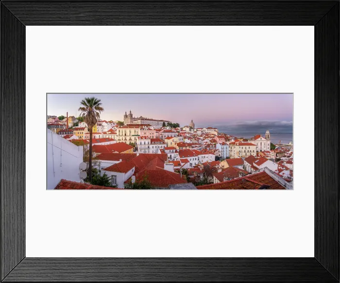 Framed Print : View of colourful buildings and red rooftops at sunset in the Alfama District, Lisbon, Portugal, Europe