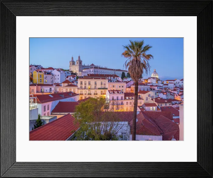 Framed Print : View of colourful buildings and red rooftops at dusk in the Alfama District, Lisbon, Portugal, Europe