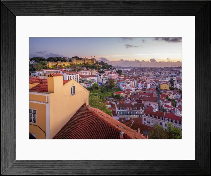 Framed Print : Panoramic view of Lisbon Castle from Miradouro da Senhora do Monte scenic point at dusk in the Alfama District, Lisbon, Portugal, Europe Framed Print : Panoramic view of Lisbon Castle from Miradouro da Senhora do Monte scenic point at dusk in the Alfama District, Lisbon, Portugal, Europe