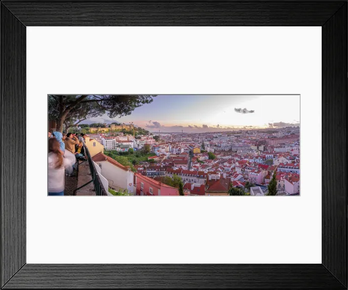 Framed Print : Panoramic view of Lisbon Castle from Miradouro da Senhora do Monte scenic point at dusk in the Alfama District, Lisbon, Portugal, Europe